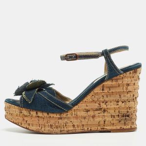 Chanel Navy Blue Denim Camellia Cork Wedge Platform Ankle Strap Sandals Size 41, Sandals - Luxury Closet