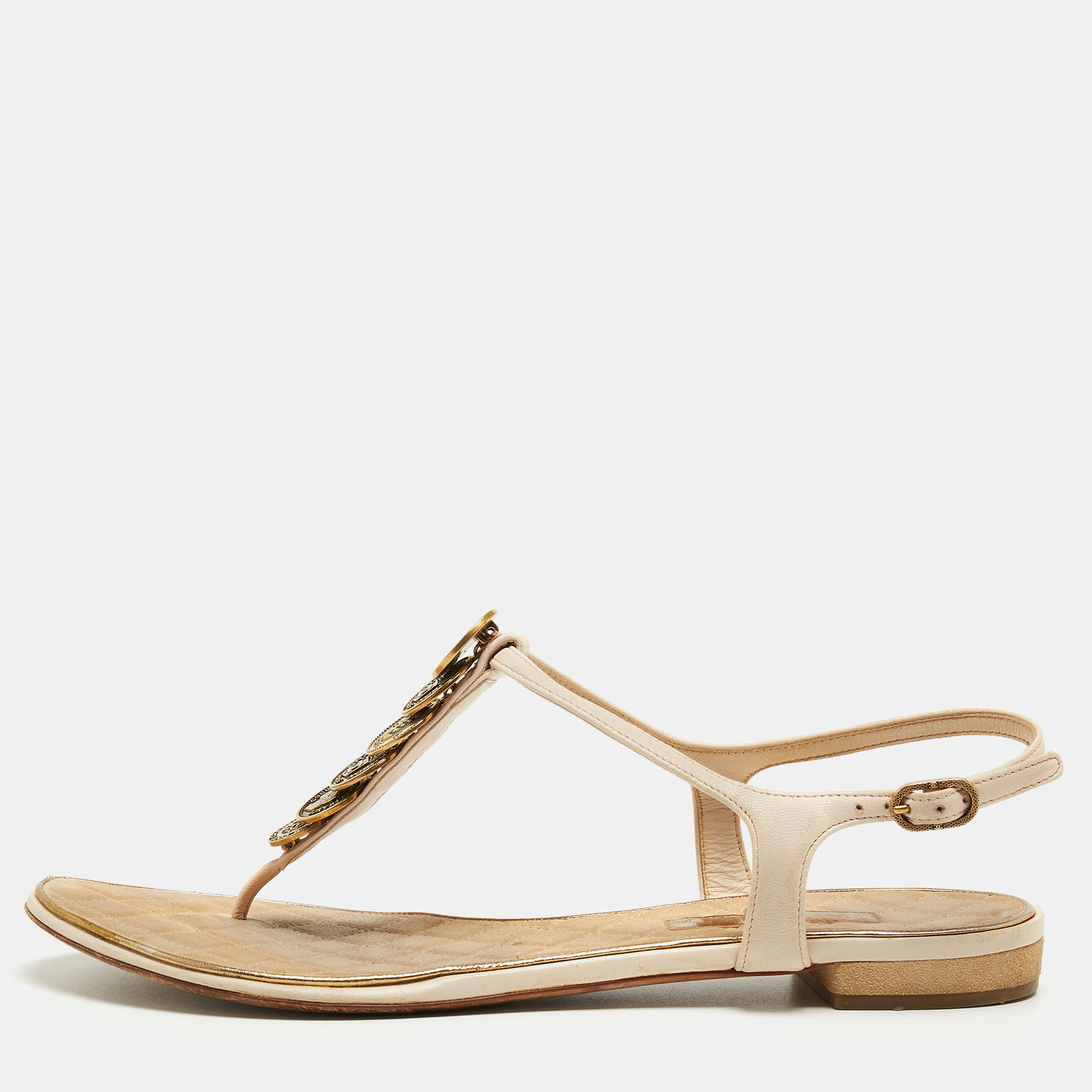 Chanel Beige Leather CC Coin Thong Strap Flat Sandals Size 39.5, Sandals - Luxury Closet