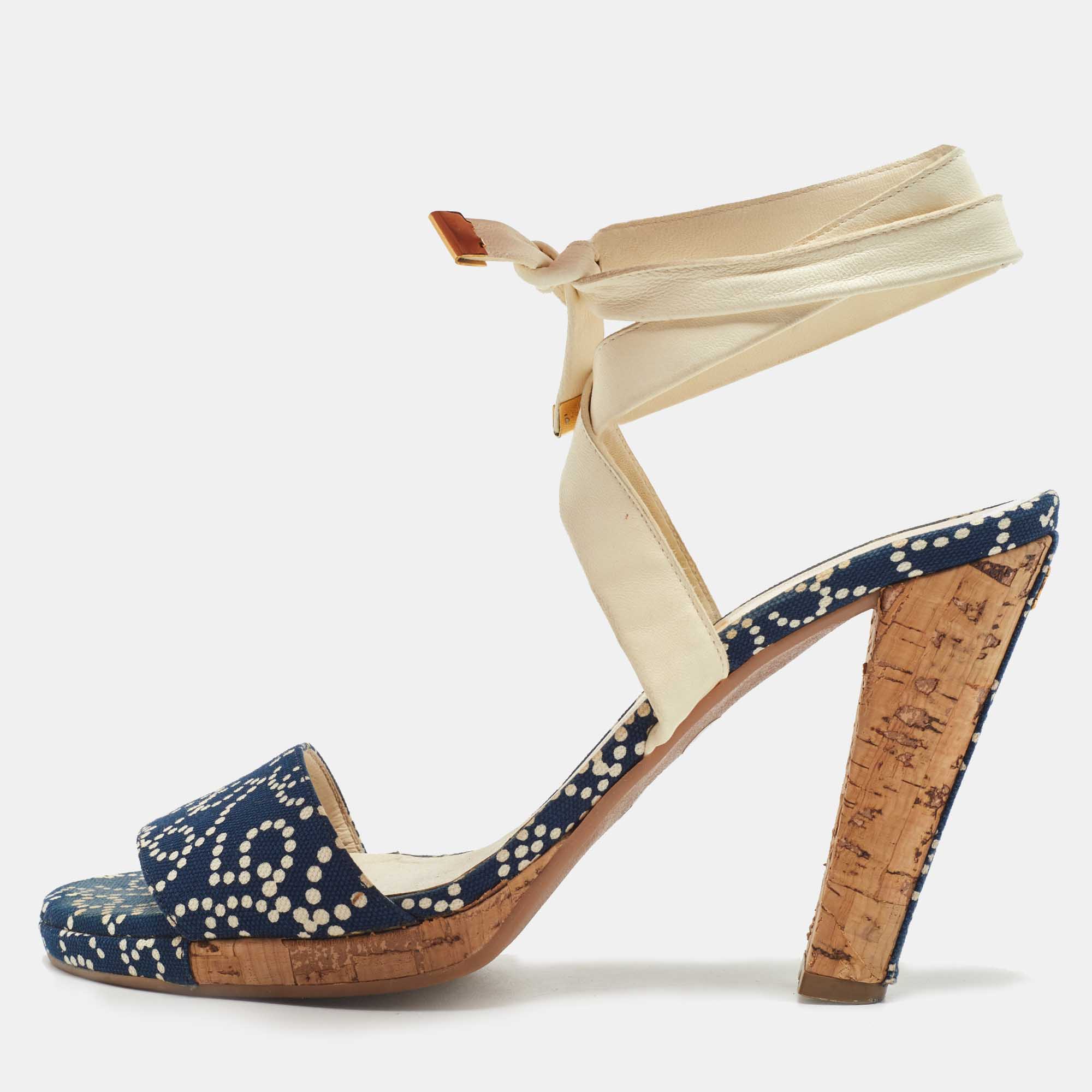 Chanel Navy Blue/White Denim Ankle Wrap Sandals Size 40, Sandals - Luxury Closet