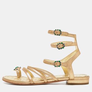 Chanel Gold Leather Embellished Toe Ring Strappy Flat Sandals Size 36, Sandals - Luxury Closet