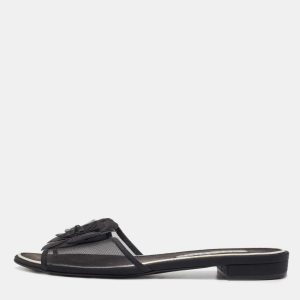 Chanel Black Mesh Camellia Slide Flats Size 37.5, Sandals - Luxury Closet