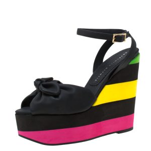 Charlotte Olympia Multicolor PUC Bow Detail Ankle Strap Wedge Sandals Size 38.5, Sandals - Luxury Closet