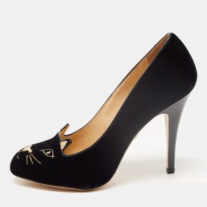 Charlotte Olympia Black Velvet Embroidered Kitty Pumps Size 39, Pumps - Luxury Closet catalog
