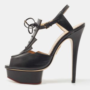 Charlotte Olympia Black Leather Peep Toe Platform Ankle Strap Sandals Size 39, Sandals - Luxury Closet