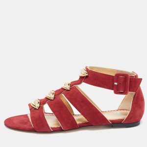 Charlotte Olympia Garnet Red Suede One More Kiss Flat Gladiator Flat Sandals Size 36, Sandals - Luxury Closet