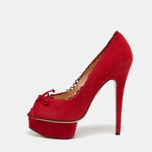 Charlotte Olympia Red Suede Daphne Scalloped Trim Peep Toe Platform Pumps Size 40.5, Pumps - Luxury Closet
