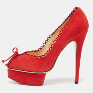 Charlotte Olympia Red Suede Daphne Scalloped Trim Peep Toe Platform Pumps Size 40.5, Pumps - Luxury Closet catalog