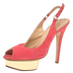 Charlotte Olympia Pink Suede Slingback Peep Toe Platform Sandals Size 37.5, Sandals - Luxury Closet