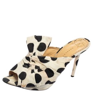 Charlotte Olympia White/Black Polka Canvas Bow Side Sandals Size 38, Sandals - Luxury Closet