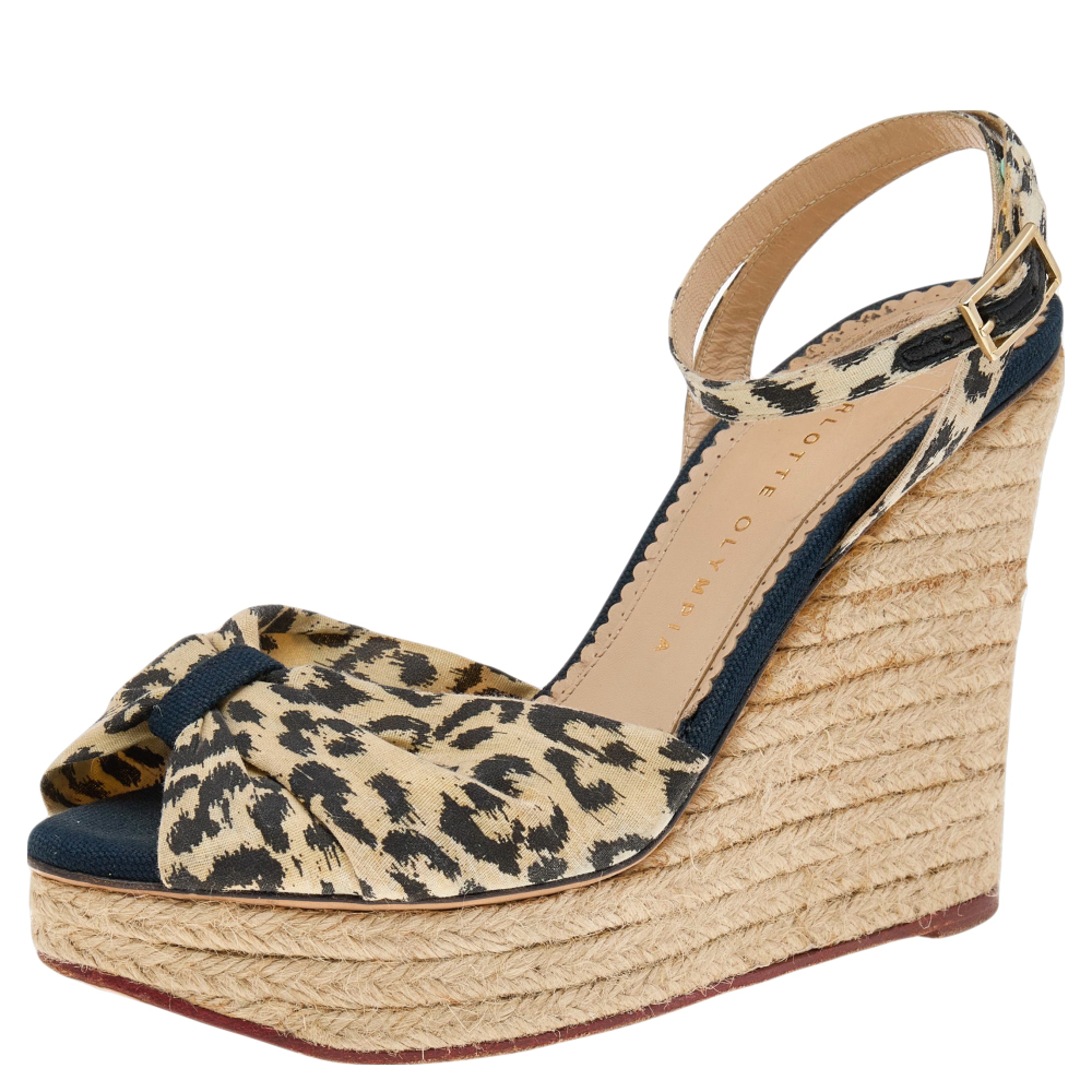 Charlotte Olympia Beige Fabric Wedge Espadrille Sandals Size 38, Sandals - Luxury Closet