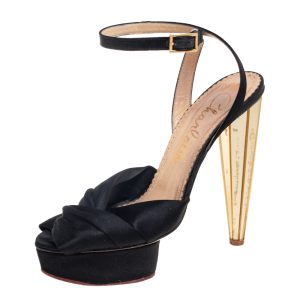 Charlotte Olympia Black Satin Serena Bow Ankle Strap Platform Sandals Size 38, Sandals - Luxury Closet