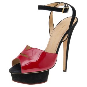Charlotte Olympia Red Suede And Patent Leather Platform Sandals Size 39.5, Sandals - Luxury Closet