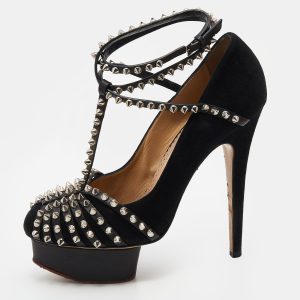 Charlotte Olympia Black Suede Studded Strappy Ankle Strap Platform Sandals Size 38, Sandals - Luxury Closet