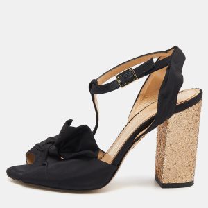 Charlotte Olympia Black Fabric Glitter Block Heel T Strap Sandals Size 37, Sandals - Luxury Closet
