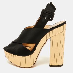Charlotte Olympia Black Satin Wedge Ankle Strap Sandals Size 36, Sandals - Luxury Closet
