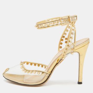 Charlotte Olympia Gold Studded PVC and Leather Soho Peep Toe Sandals Size 38, Sandals - Luxury Closet