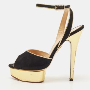 Charlotte Olympia Black Suede and Leather Peep Toe Platform Sandals Size 38.5, Sandals - Luxury Closet