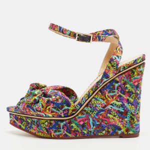 Charlotte Olympia Multicolor Printed Satin Wedge Platform Ankle Strap Sandals Size 38, Sandals - Luxury Closet