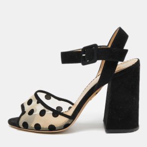 Charlotte Olympia Black Polka Dot Mesh and Suede Ankle Strap Sandals Size 38, Sandals - Luxury Closet