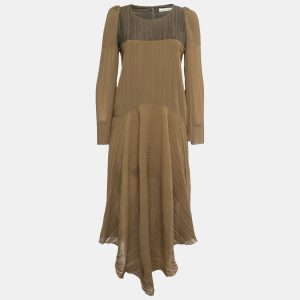 Chloe Green Chiffon & Cotton Plisse Midi Dress M, Dresses - Luxury Closet catalog