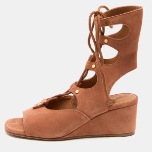 Chloe Brown Suede Caged Tie Up Ghillie Wedge Sandals Size 36, Sandals - Luxury Closet