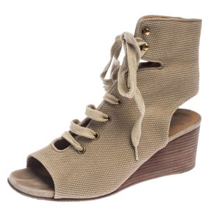 Chloe Beige Canvas Ghillie Lace Up Wedge Sandals Size 36, Sandals - Luxury Closet