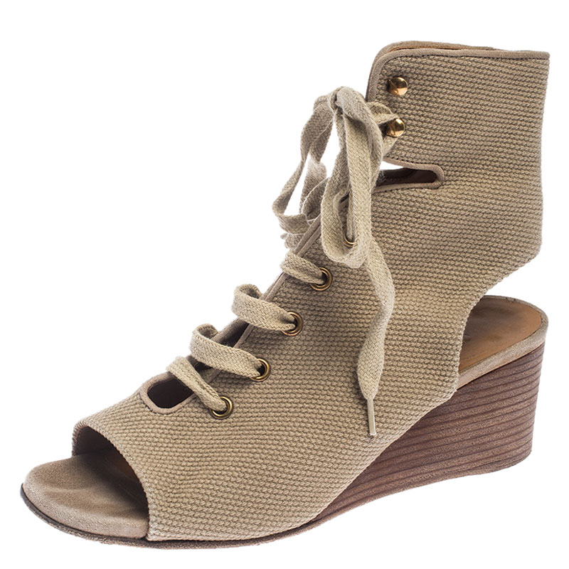 Chloe Beige Canvas Ghillie Lace Up Wedge Sandals Size 36, Sandals - Luxury Closet