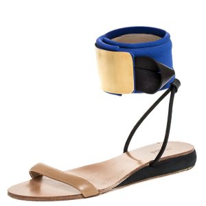 Chloe Blue/Beige Leather And Nylon Ankle Cuff Flat Sandals Size 38, Sandals - Luxury Closet