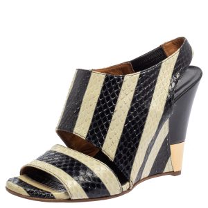 Chloe Cream/Black Striped Python Ayers Wedge Slingback Sandals 39, Sandals - Luxury Closet