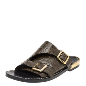 Chloe Olive Green Croc Embossed Leather Flat Sandals Size 36, Sandals - Luxury Closet
