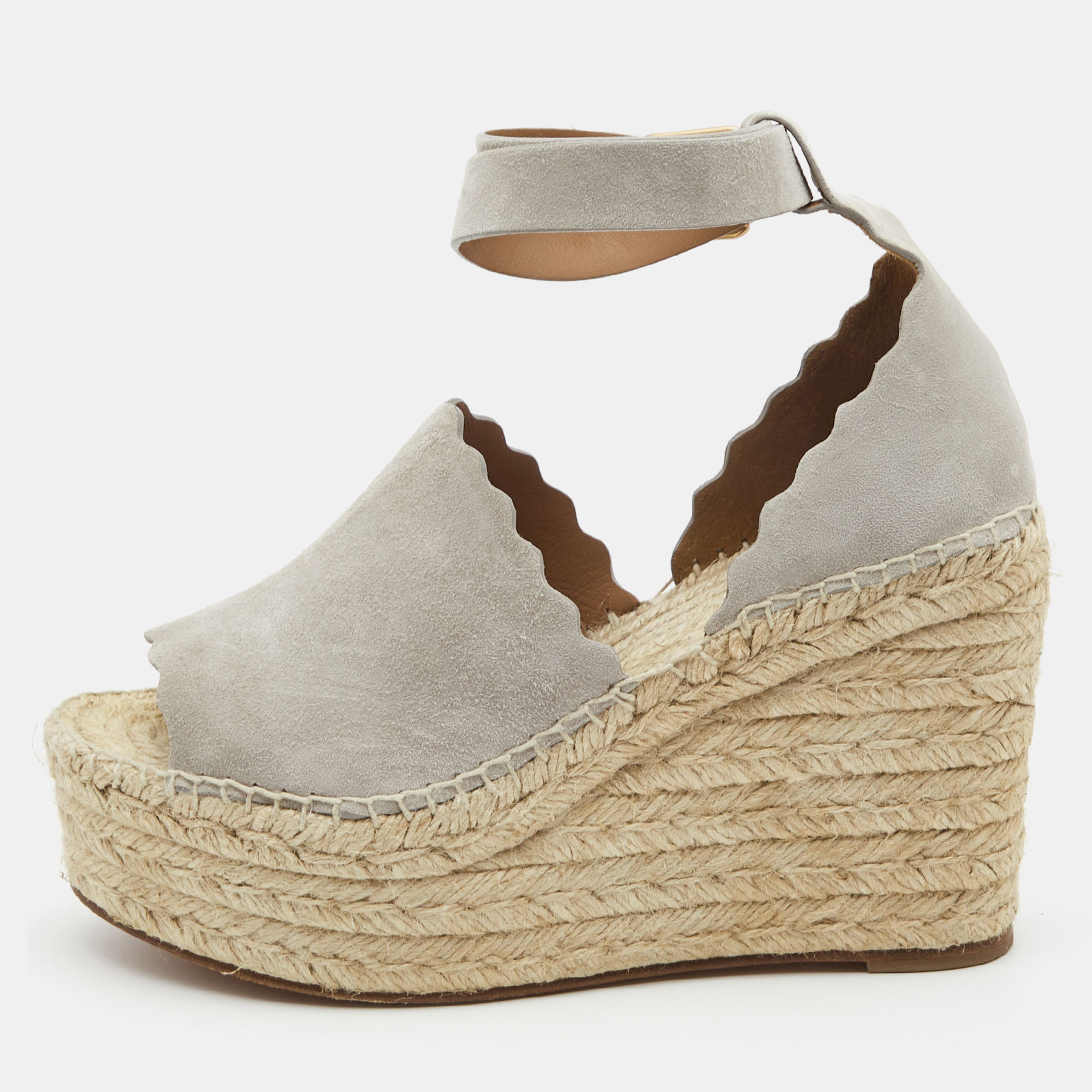 Chloe Grey Suede Scalloped Trim Lauren Ankle Wrap Espadrille Platform Wedge Sandals Size 39, Sandals - Luxury Closet