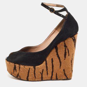 Chloe Black Suede Peep Toe Ankle Strap Printed Wedge Sandals Size 38, Sandals - Luxury Closet