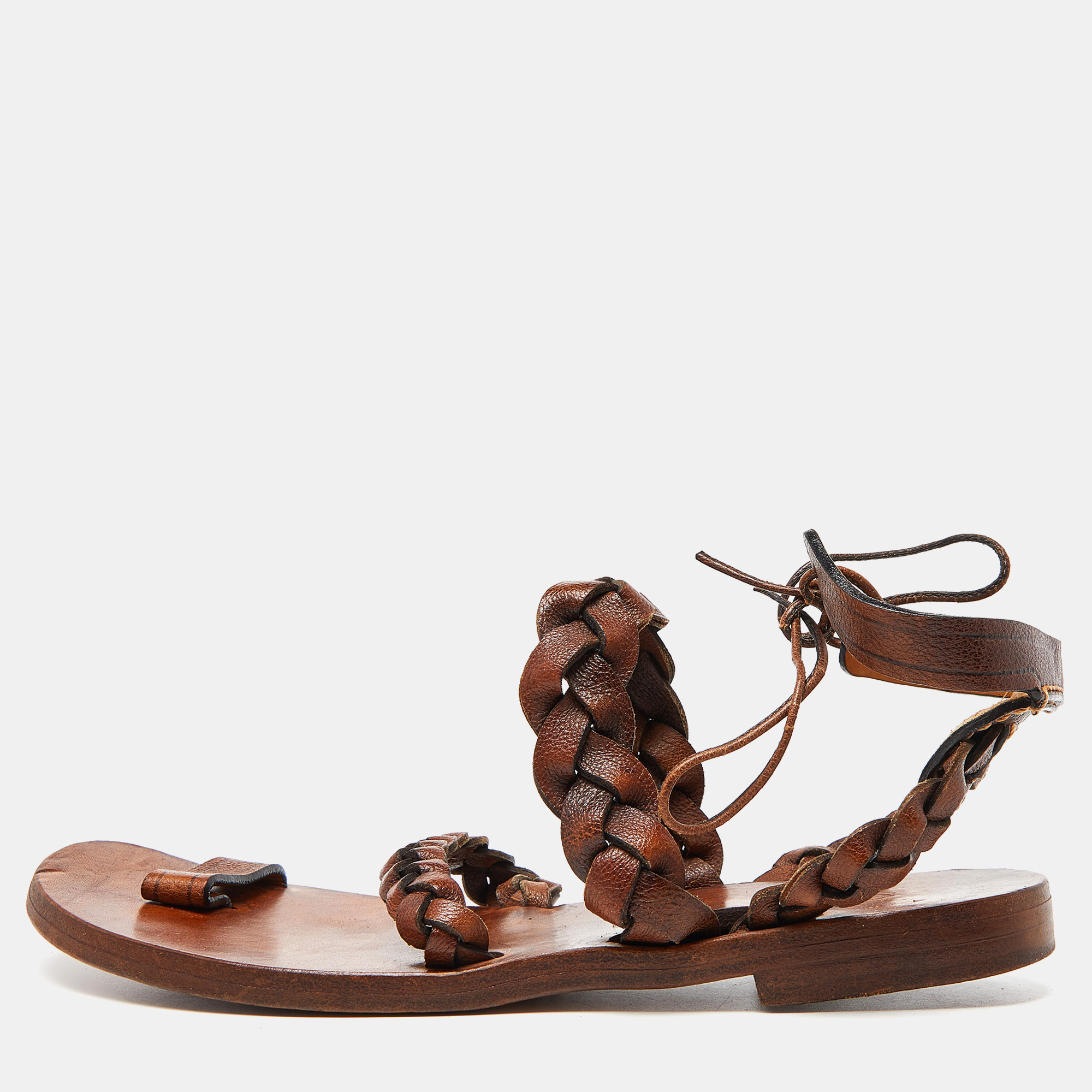 Chloe Brown Braided Leather Ankle Tie Flat Sandals Size 39, Sandals - Luxury Closet