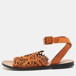 Chloe Brown Leather Laser Cut Ankle Strap Sandals Size 40, Sandals - Luxury Closet