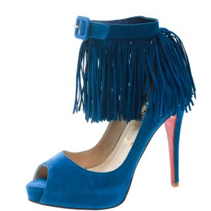 Christian Louboutin Cobalt Blue Suede Tina Fringe Detail Ankle Strap Peep Toe Pumps Size 37, Pumps - Luxury Closet catalog