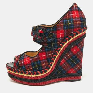 Christian Louboutin Multicolor Tartan Print Wool Blend Lady Daf Wedge Pumps Size 41, Pumps - Luxury Closet catalog