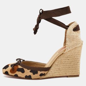 Christian Louboutin Two Tone Animal Print Calf Hair Espadrille Wedge Ankle Tie Pumps Size 41, Pumps - Luxury Closet