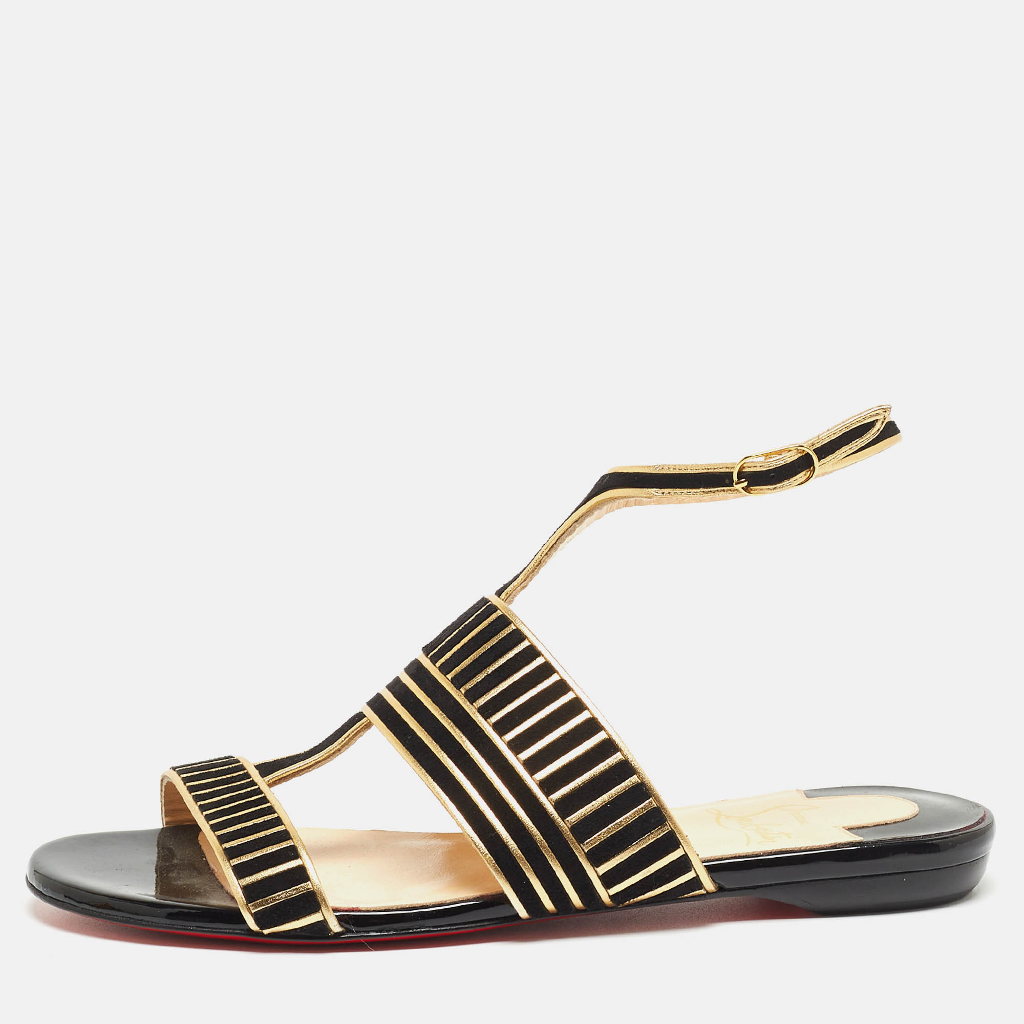Christian Louboutin Black Suede and Leather Striped Flat Sandals Size 36, Sandals - Luxury Closet