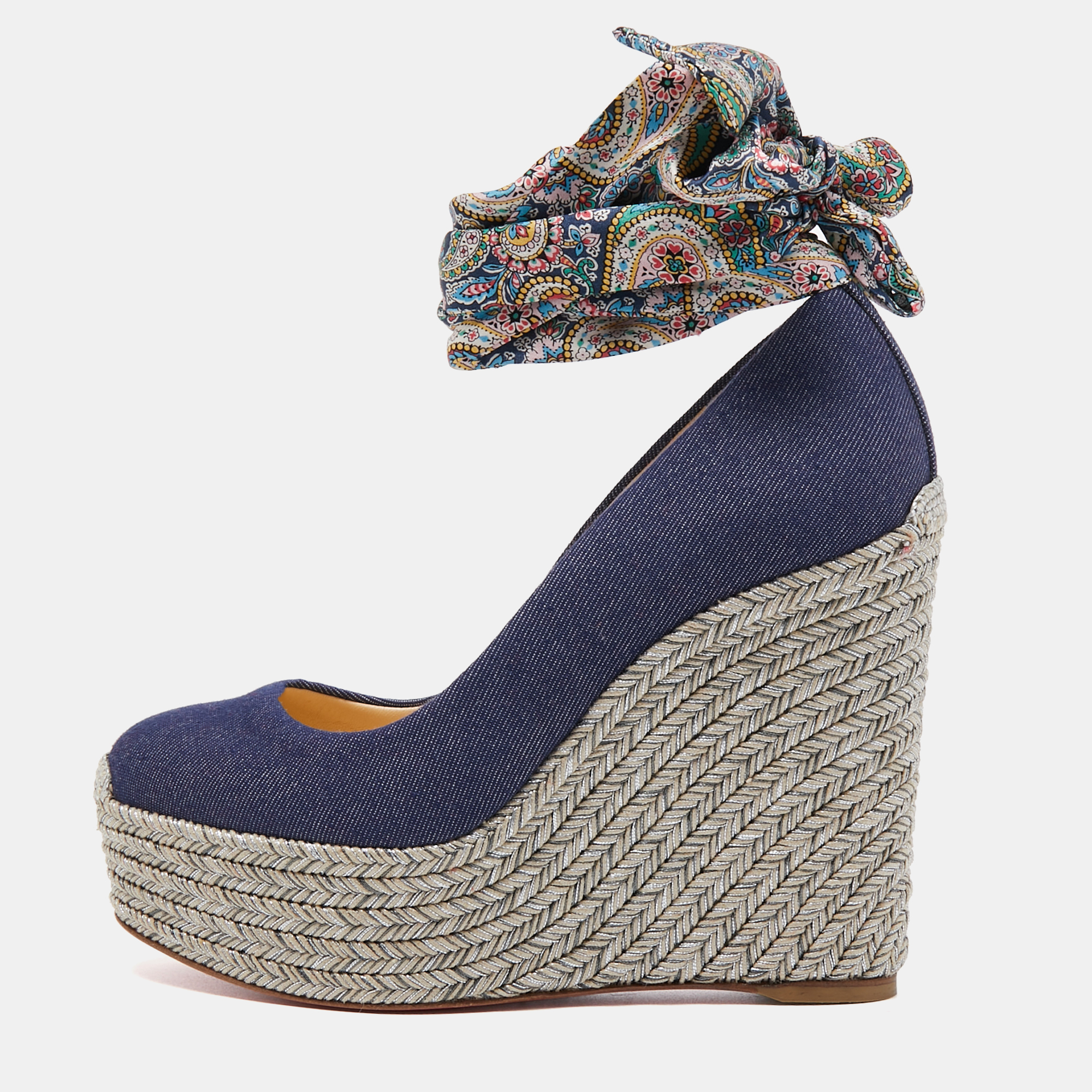 Christian Louboutin Blue Denim and Printed Fabric Barbaria Zeppa Ankle Tie Pumps Size 35, Pumps - Luxury Closet catalog