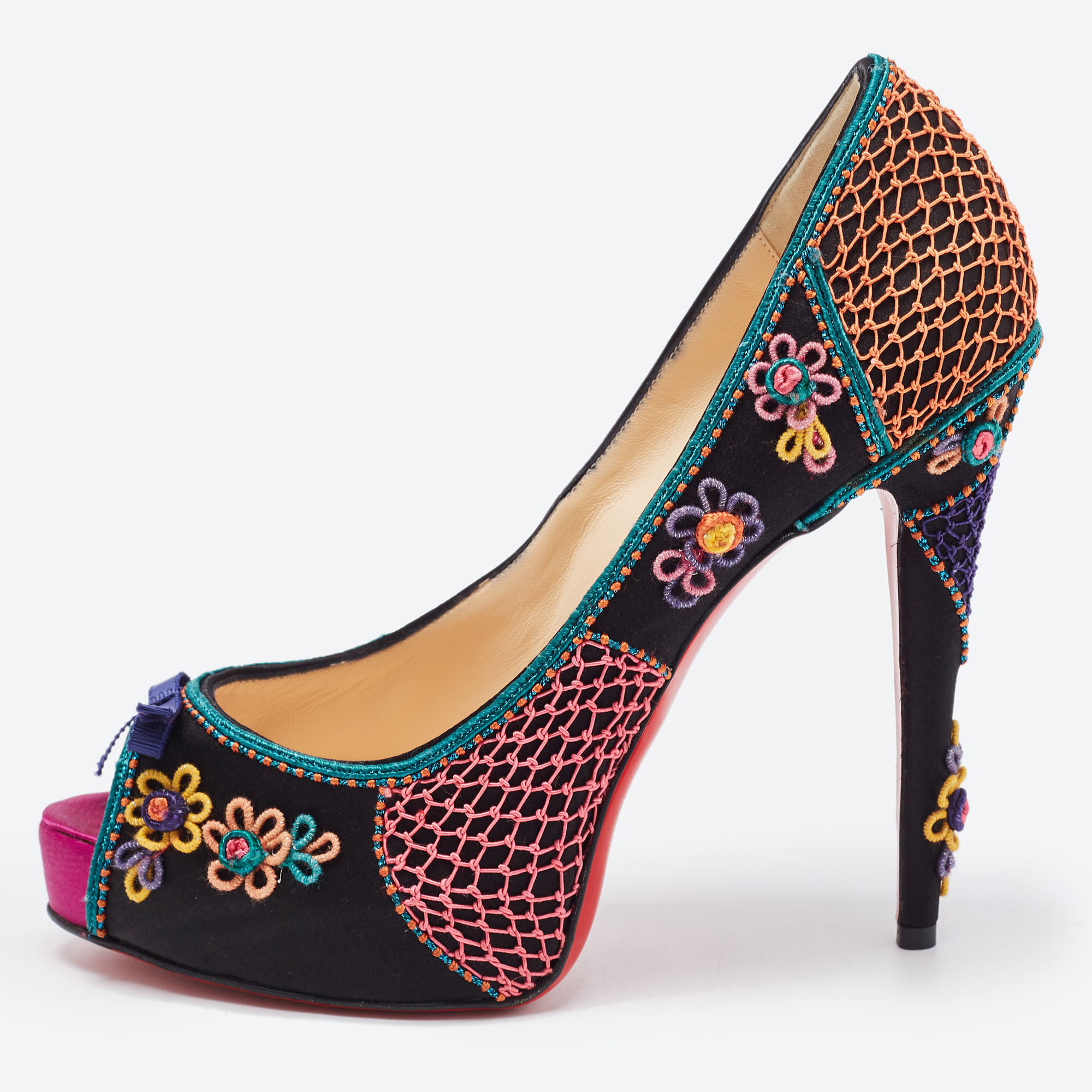Christian Louboutin Multicolor Embellished Satin Bow Peep Toe Platform Pumps Size 40, Pumps - Luxury Closet catalog