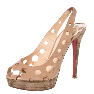 Christian Louboutin Beige Patent Leather Ginza Platform Slingback Sandals Size 39, Sandals - Luxury Closet