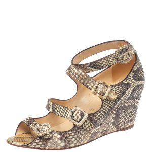 Christian Louboutin Beige Python Caged Buckle Wedge Sandals Size 38, Sandals - Luxury Closet