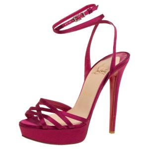 Christian Louboutin Pink Satin Platform Ankle Wrap Sandals Size 38, Sandals - Luxury Closet