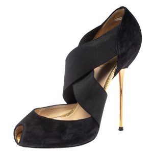 Christian Louboutin Black Suede And Elastic Cross Strap Peep Toe Sandals Size 38, Sandals - Luxury Closet