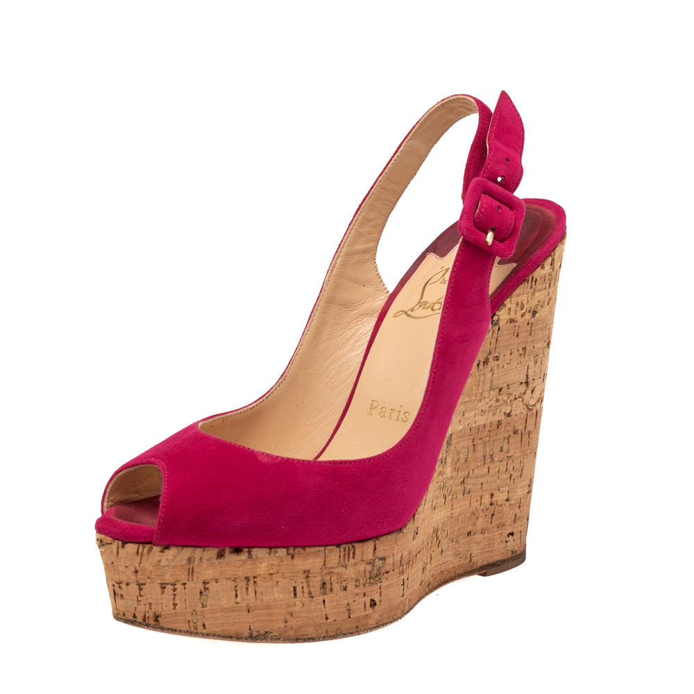 Christian Louboutin Red Suede Une Plume Peep Toe Slingback Cork Wedges Size 37, Sandals - Luxury Closet