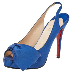 Christian Louboutin Blue Satin Bow Platform Slingback Sandals Size 37.5, Sandals - Luxury Closet