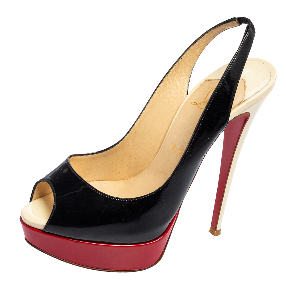 Christian Louboutin Black/Red Patent Leather Slingback Lady Peep Toe Sandals Size 38.5, Sandals - Luxury Closet catalog