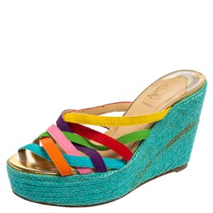 Christian Louboutin Multicolor Fabric Crepon Espadrille Wedge Sandals Size 37, Sandals - Luxury Closet