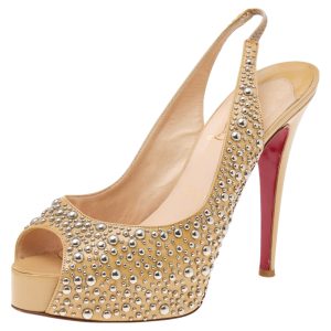 Christian Louboutin Beige Studded Patent Leather Star Prive Peep Toe Slingback Sandals Size 39, Sandals - Luxury Closet