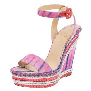 Christian Louboutin Multicolor Fabric New Duplice Ankle Strap Wedges Platform Sandals Size 39, Sandals - Luxury Closet